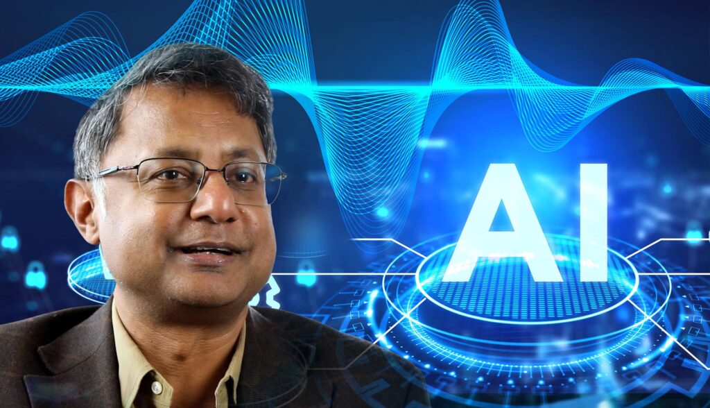 Portrait of Debarag Banerjee in front of a virtual AI background