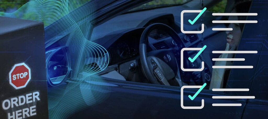 Lady placing her drive-thru order with voice AI and survey icons at right.