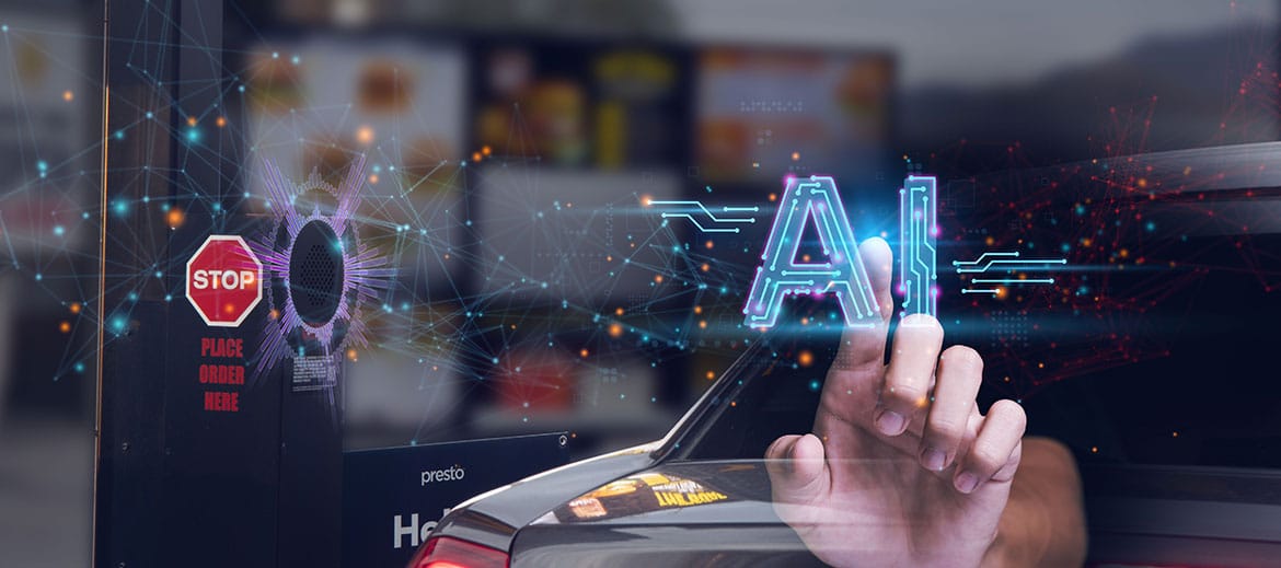 Image showing a hand touching AI with a drive-thru in the background.