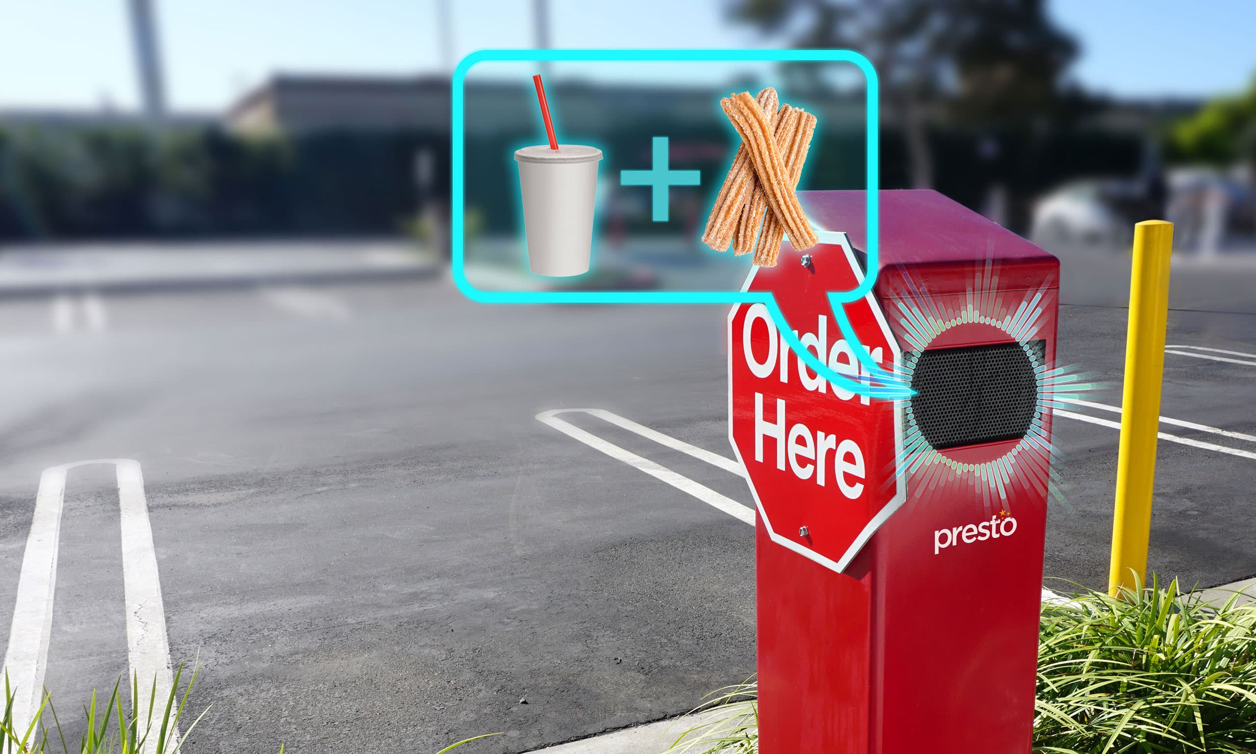 Drive-thru speaker box image showing a visual of the upsell with a soft drink and churros being offered.