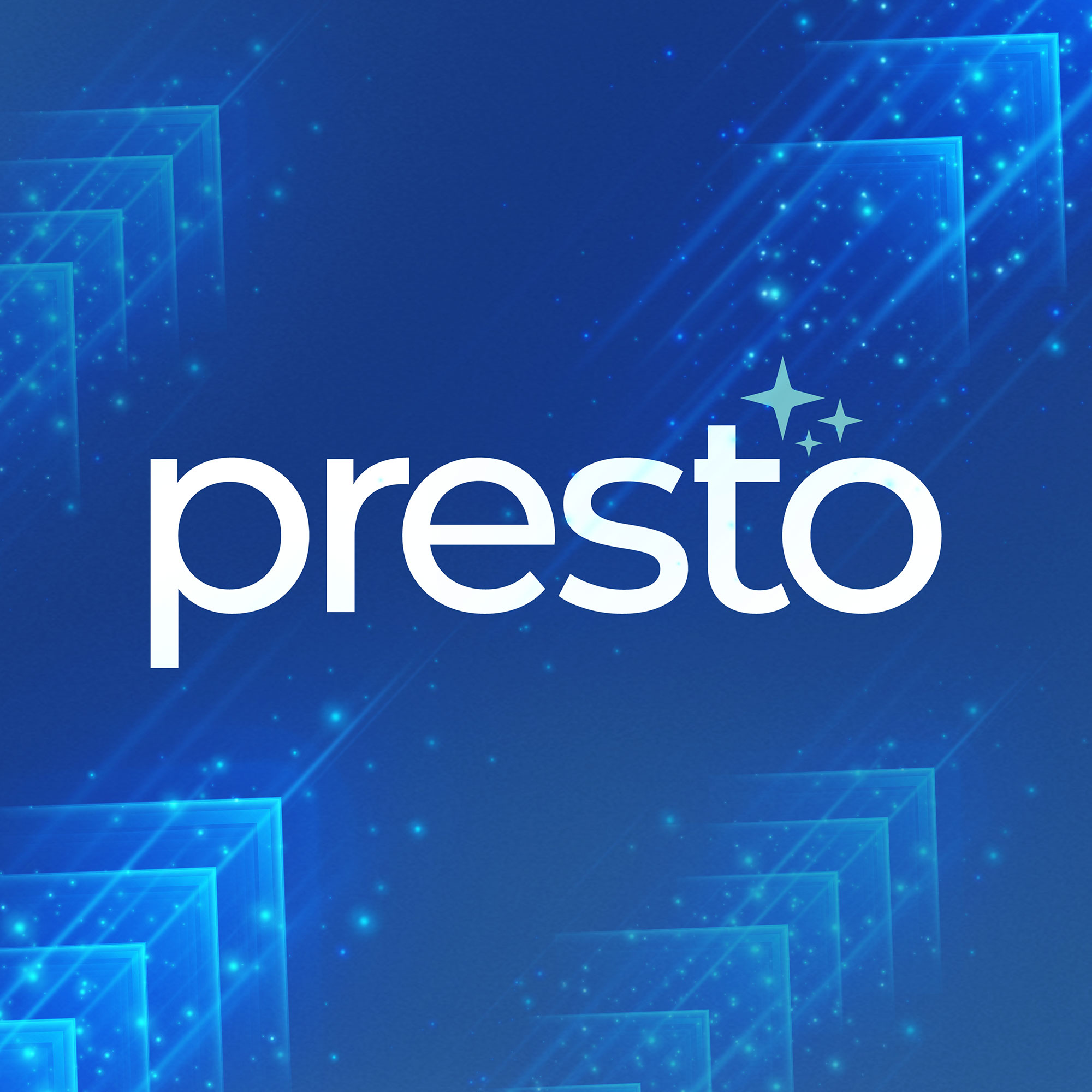 Blue background image with the white presto logo centered in the middle and arrow symbols with upward momentum surrounding the logo.