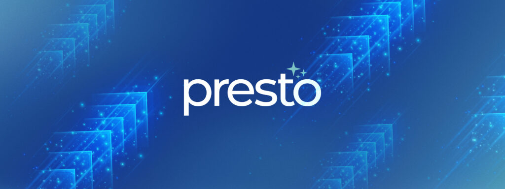 Blue background image with the white presto logo centered in the middle and arrow symbols with upward momentum surrounding the logo.