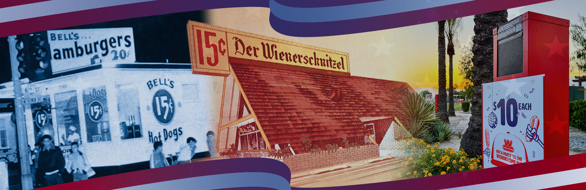 Drive-thru History Image of Bell's Hamburger stand, Der Wienerschnitzel restaurant, and a modern drive-thru speaker post at Wienerschnitzel.