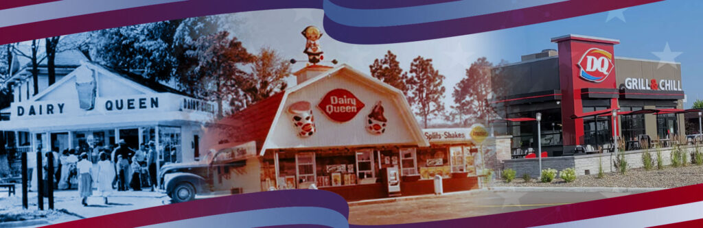 A photo collage of three Dairy Queen restaurants starting with one of the first on the left out of the 1940s, the one in the middle from the 1960s, and the one on the right showing how they look today.
