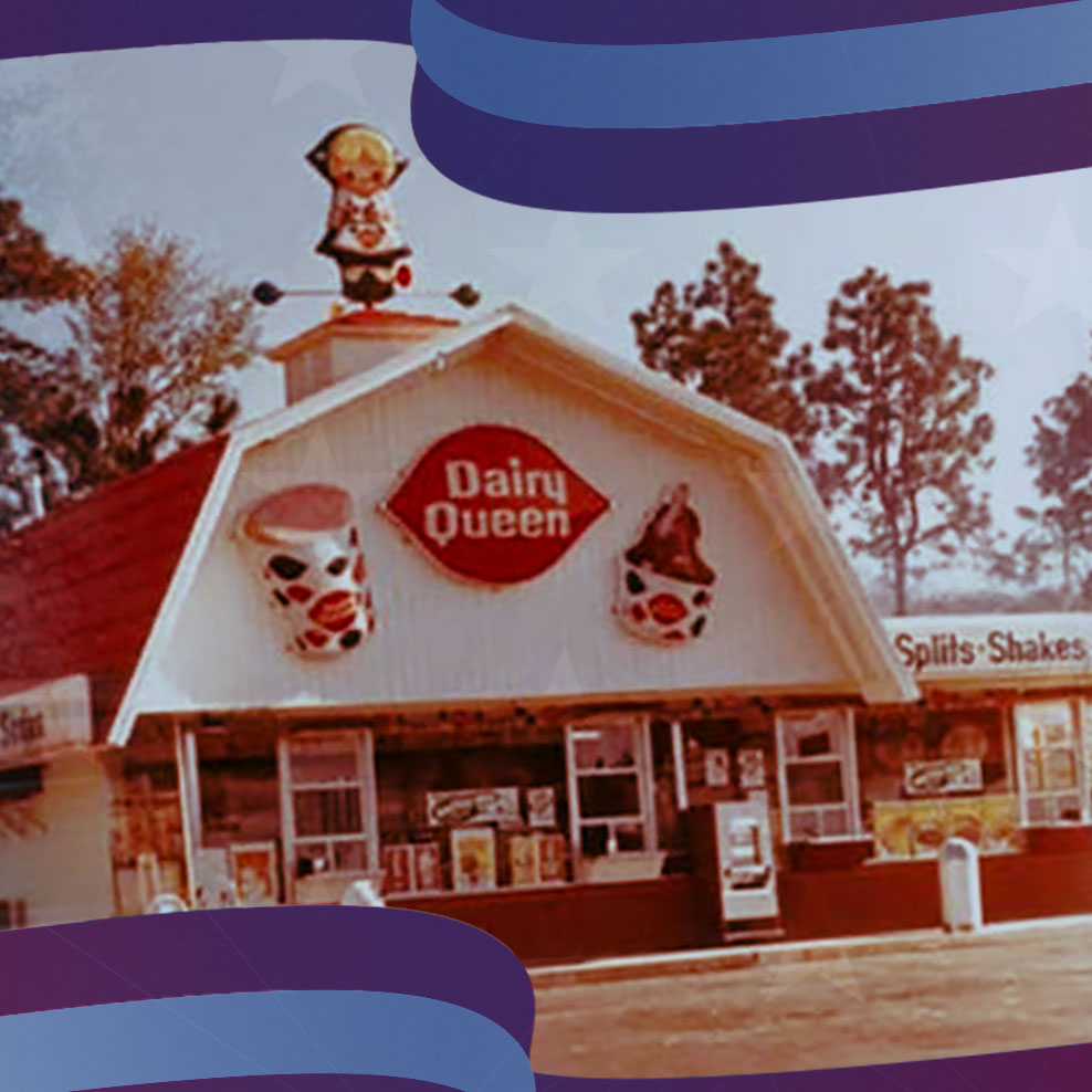 Antique photo of a Dairy Queen restaurant front in the 1960s.