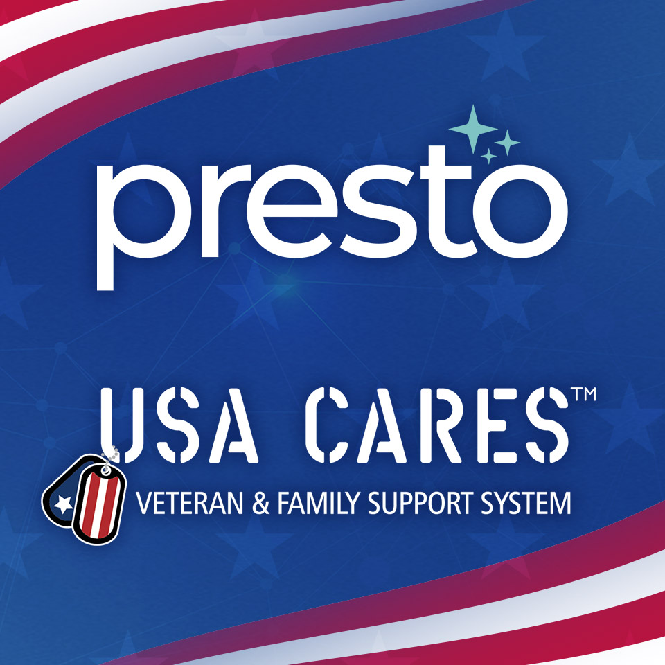Patriotic red, blue, and white flag/stars background with a white presto and USA Cares logo in the center.