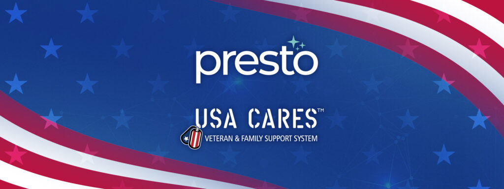 Patriotic red, blue, and white flag/stars background with a white presto and USA Cares logo in the center.